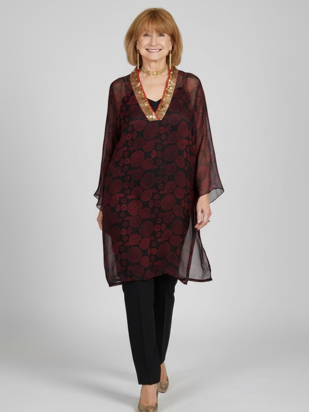 Sonia Kumar Sheer Black red circle print tunic top gold sequin neckline artisan